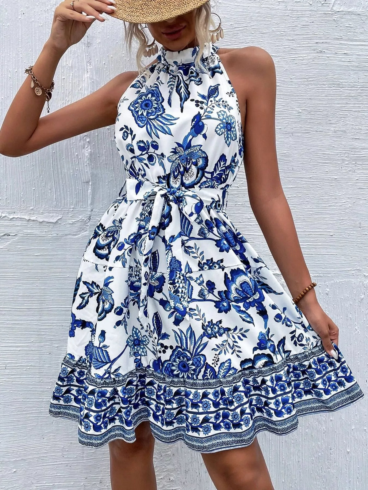 Printed sleeveless tie waist midi dress back view