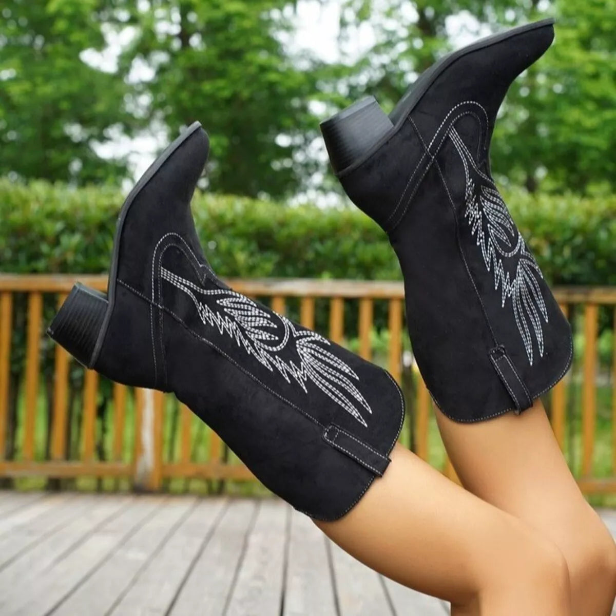 Point toe block heel boots in Dark Brown, angled three quarter view