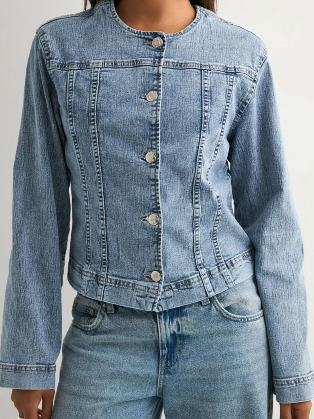 Classic Button Down Denim Jacket in Light Blue detail