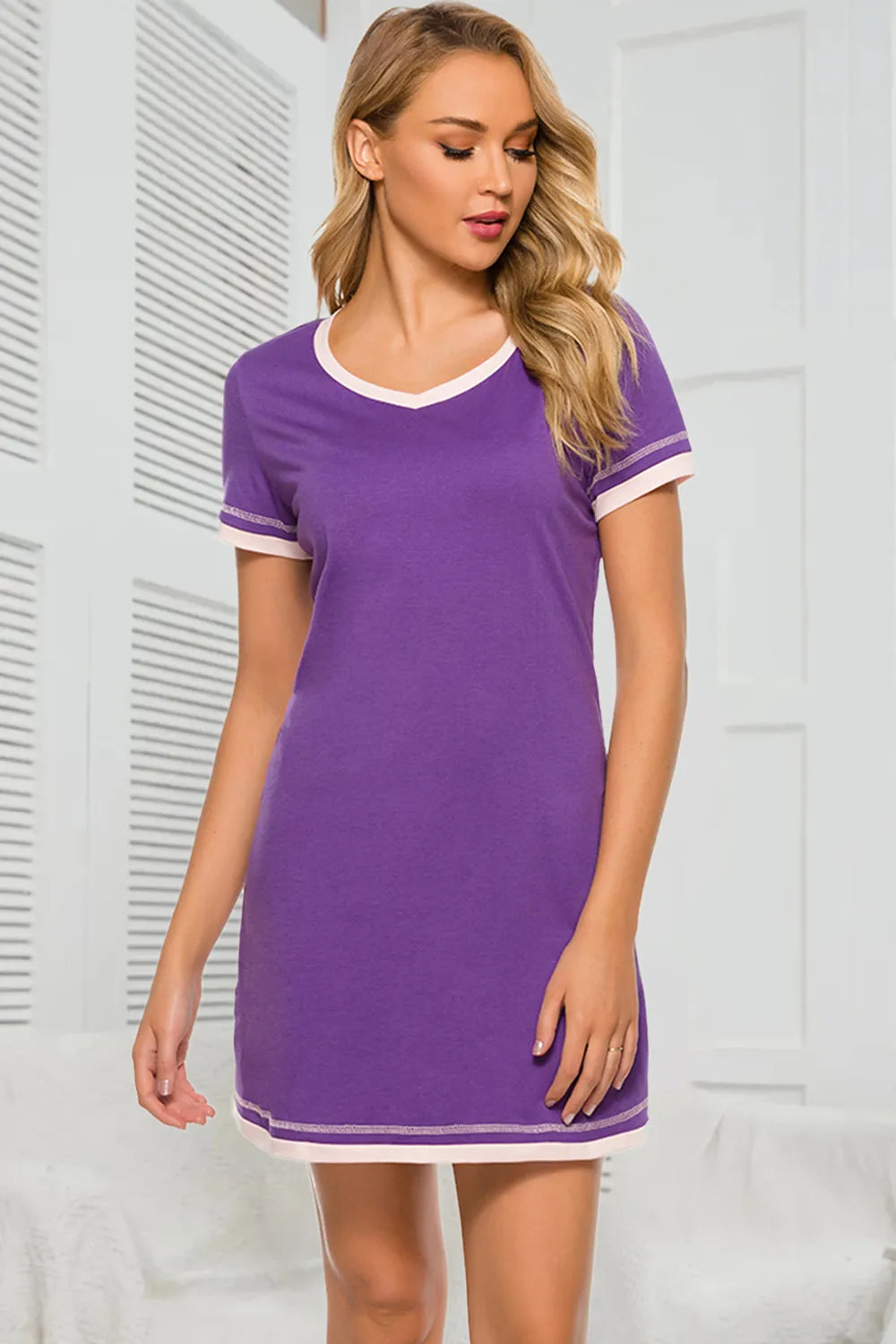 Contrast Trim Short Sleeve Lounge Dress Purple - Fashorio