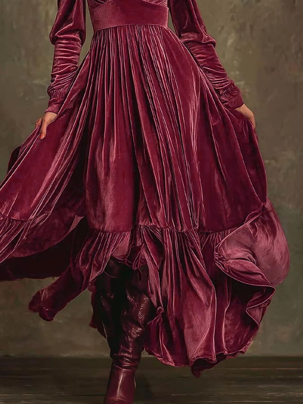 Ruffled hem long sleeve maxi dress movement shot