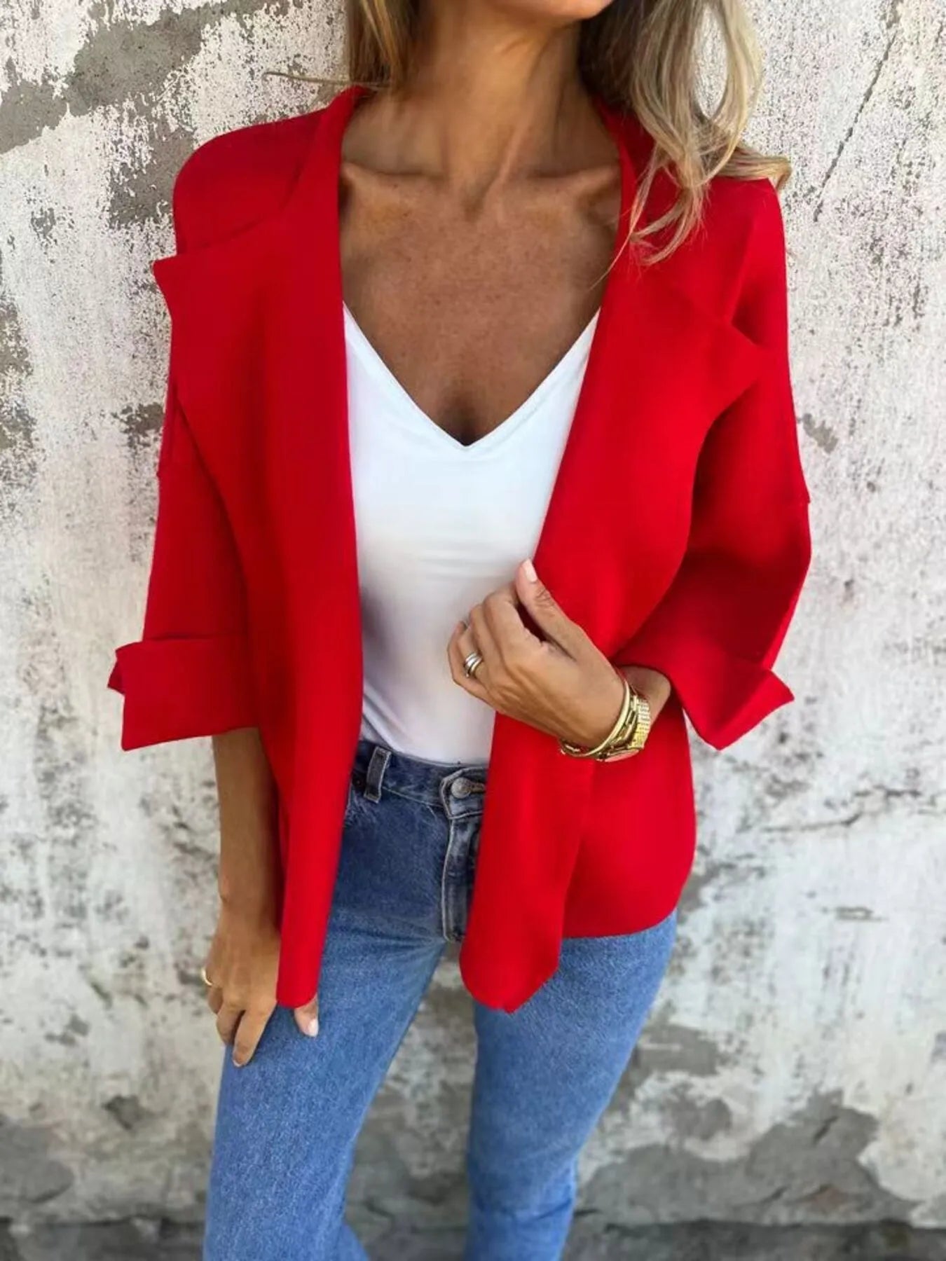 Full Size Open Front 3/4 Sleeve Cardigan Plus Size Red - Fashorio