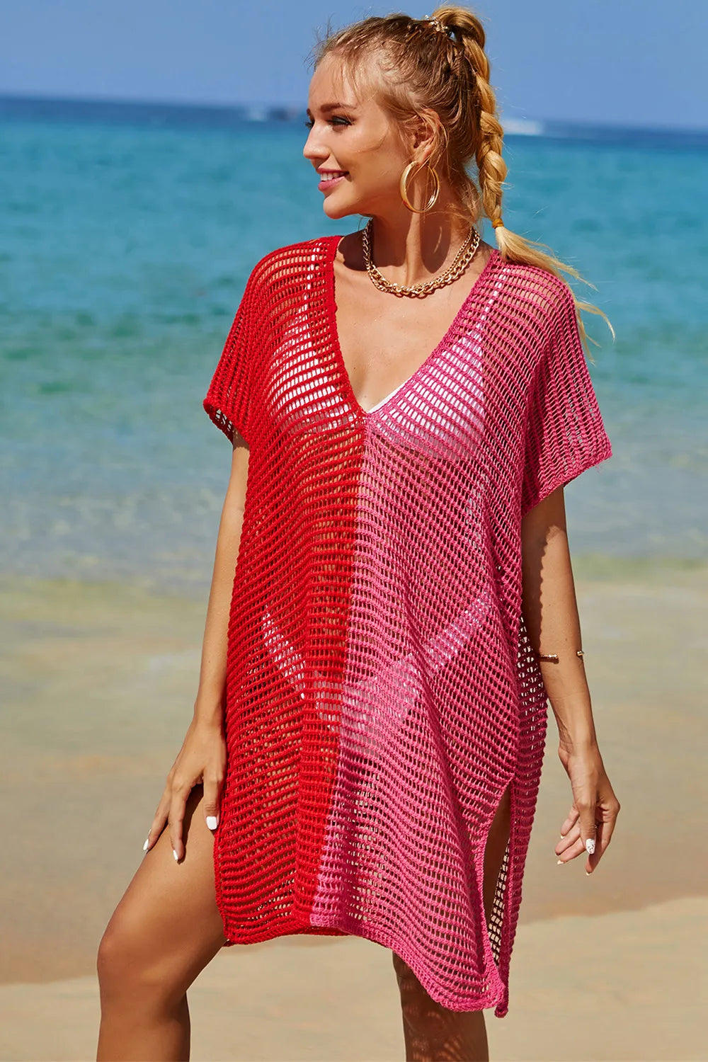 Knit cover up shown open over swimsuit