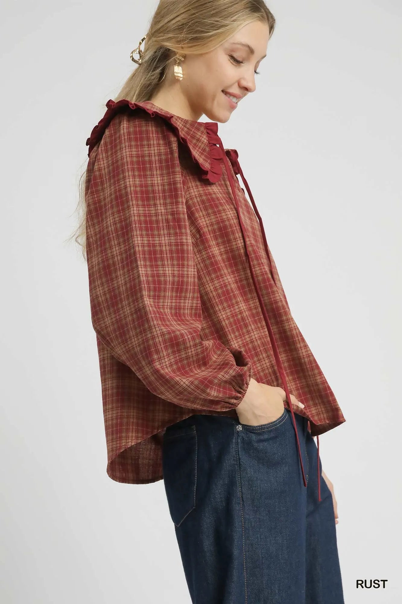 Umgee Full Size Plaid Ruffle Collar Blouse Plus Size - Fashorio