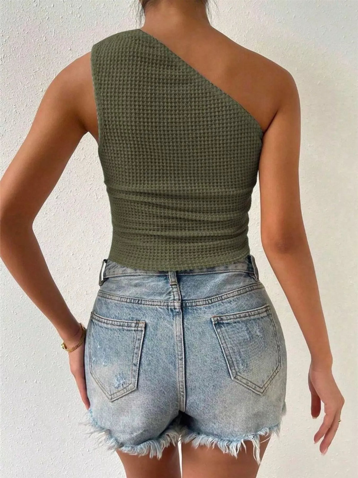Asymmetrical one shoulder waffle knit tank side view