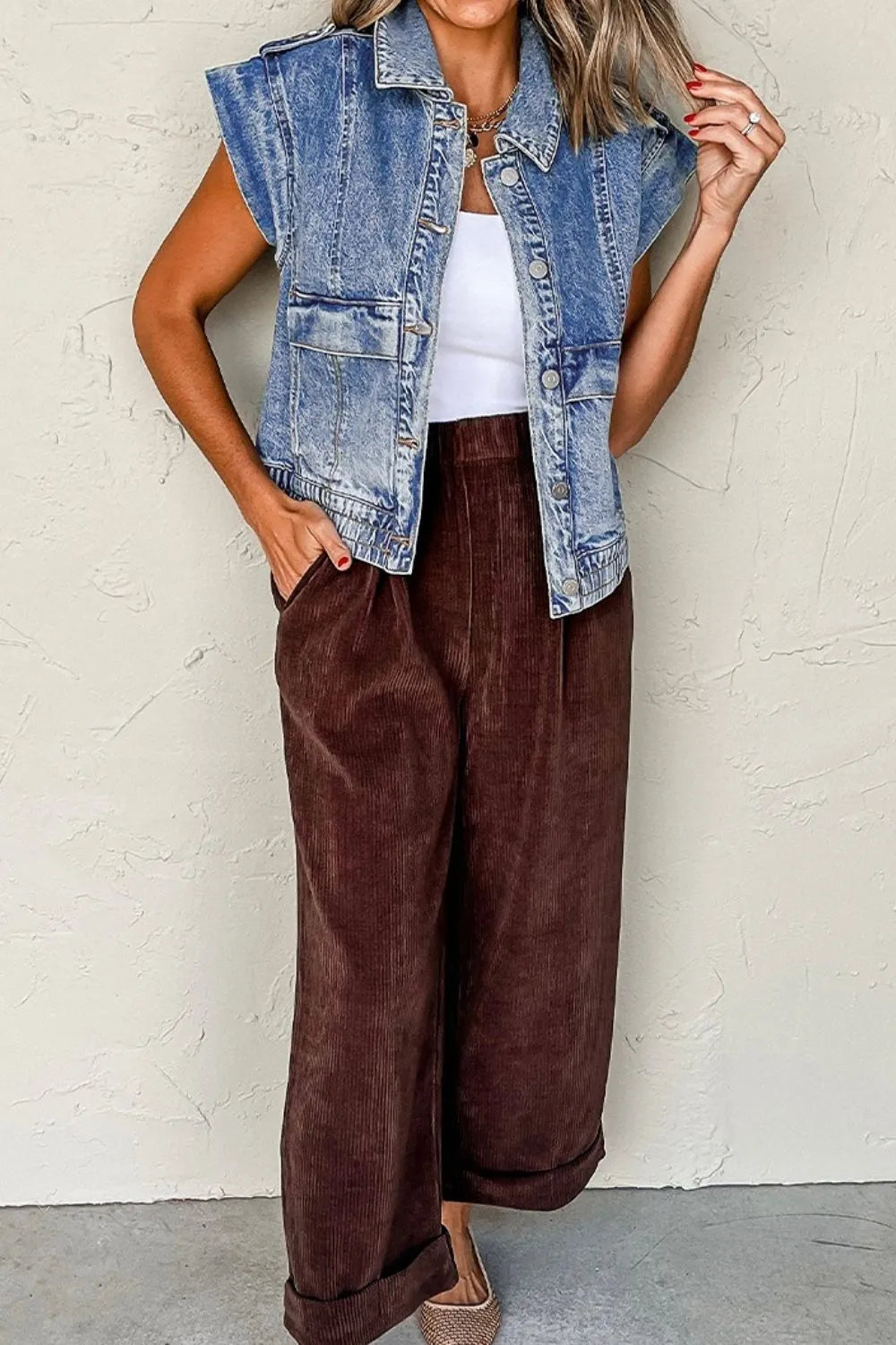 Button Up Cap Sleeve Denim Jacket - Fashorio