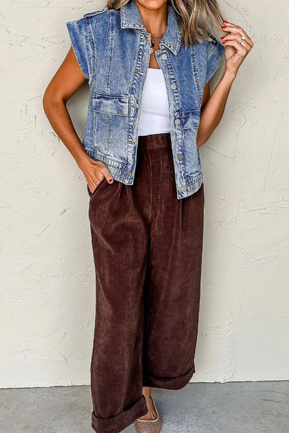 Button Up Cap Sleeve Denim Jacket - Fashorio
