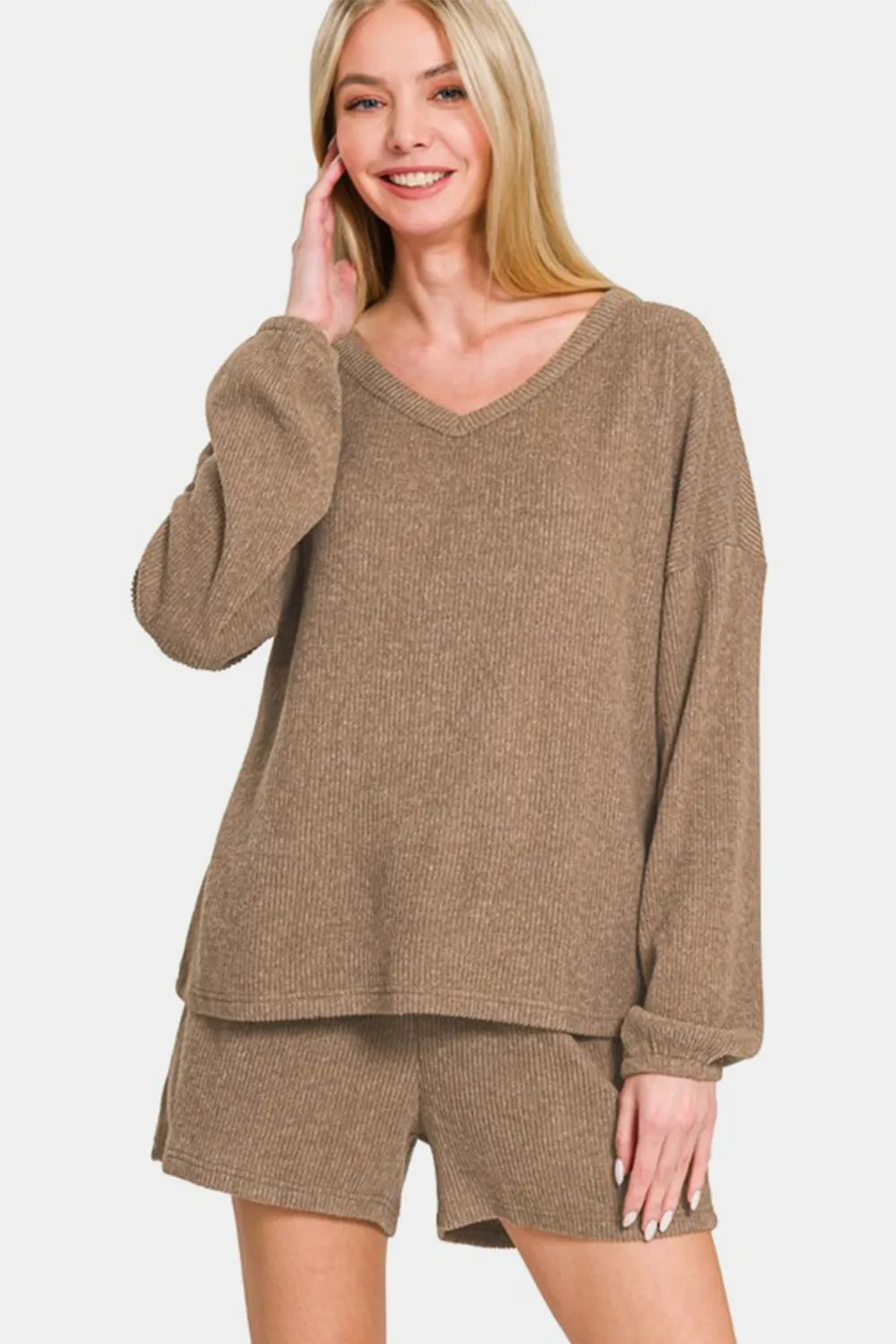 Zenana V-Neck Long Sleeve Ribbed Top and Shorts Set Camel - Fashorio