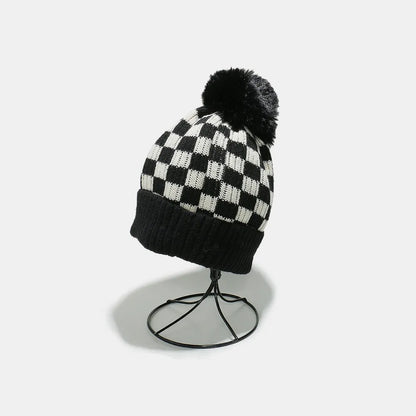 Checkered Knit Hat with Pompom Black One Size - Fashorio
