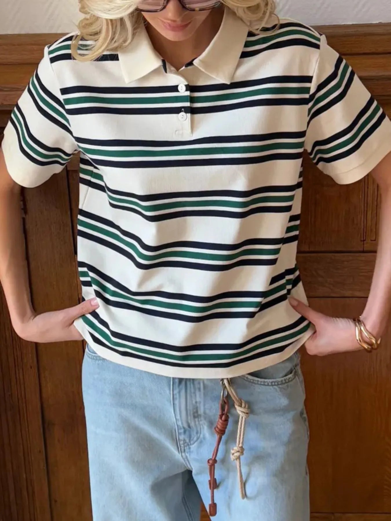 Striped Polo T-Shirt with Contrast Collar - Fashorio