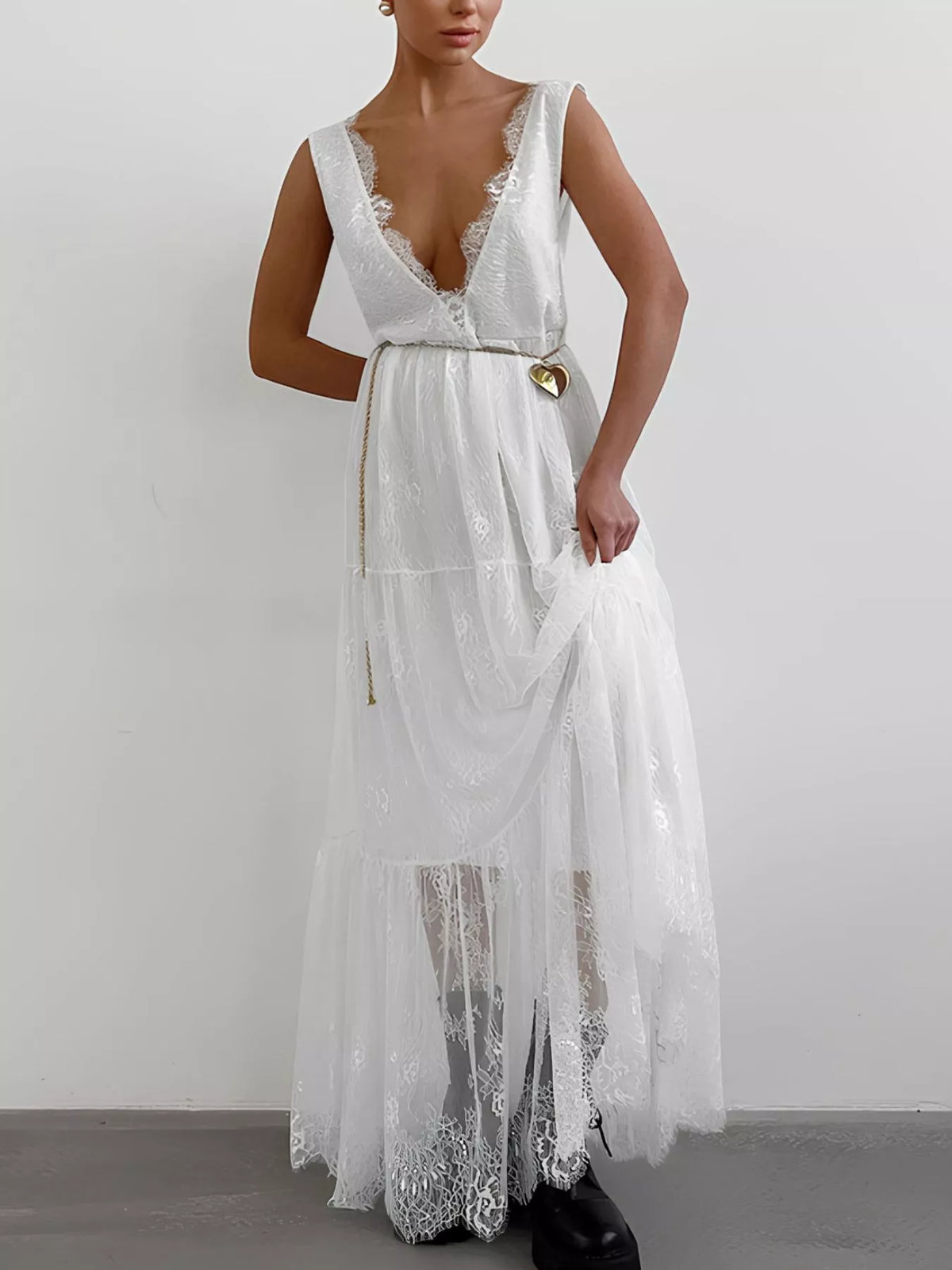 lace deep v neck maxi dress movement shot
