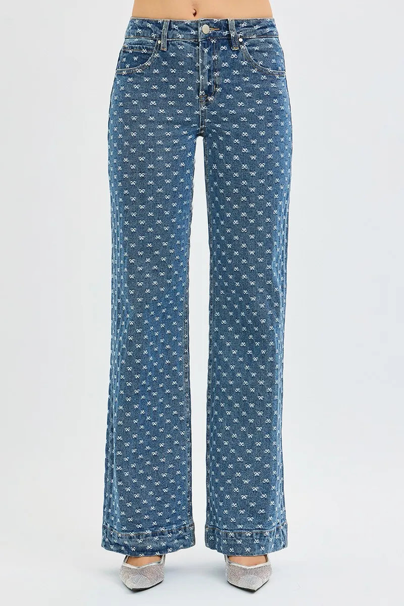 RISEN bow embroidered jeans back view with pockets