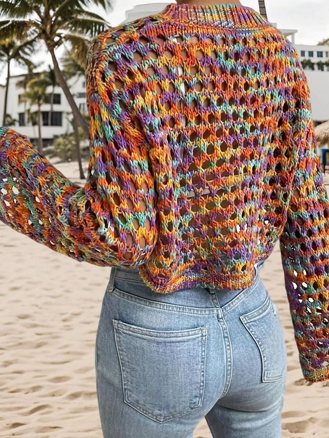 Rainbow Crochet Hollow Out Cropped Sweater - Fashorio