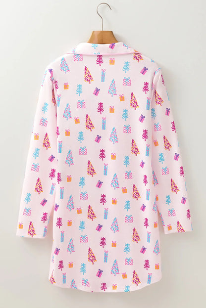 Printed Collared Neck Long Sleeve Lounge Dress - Fashorio