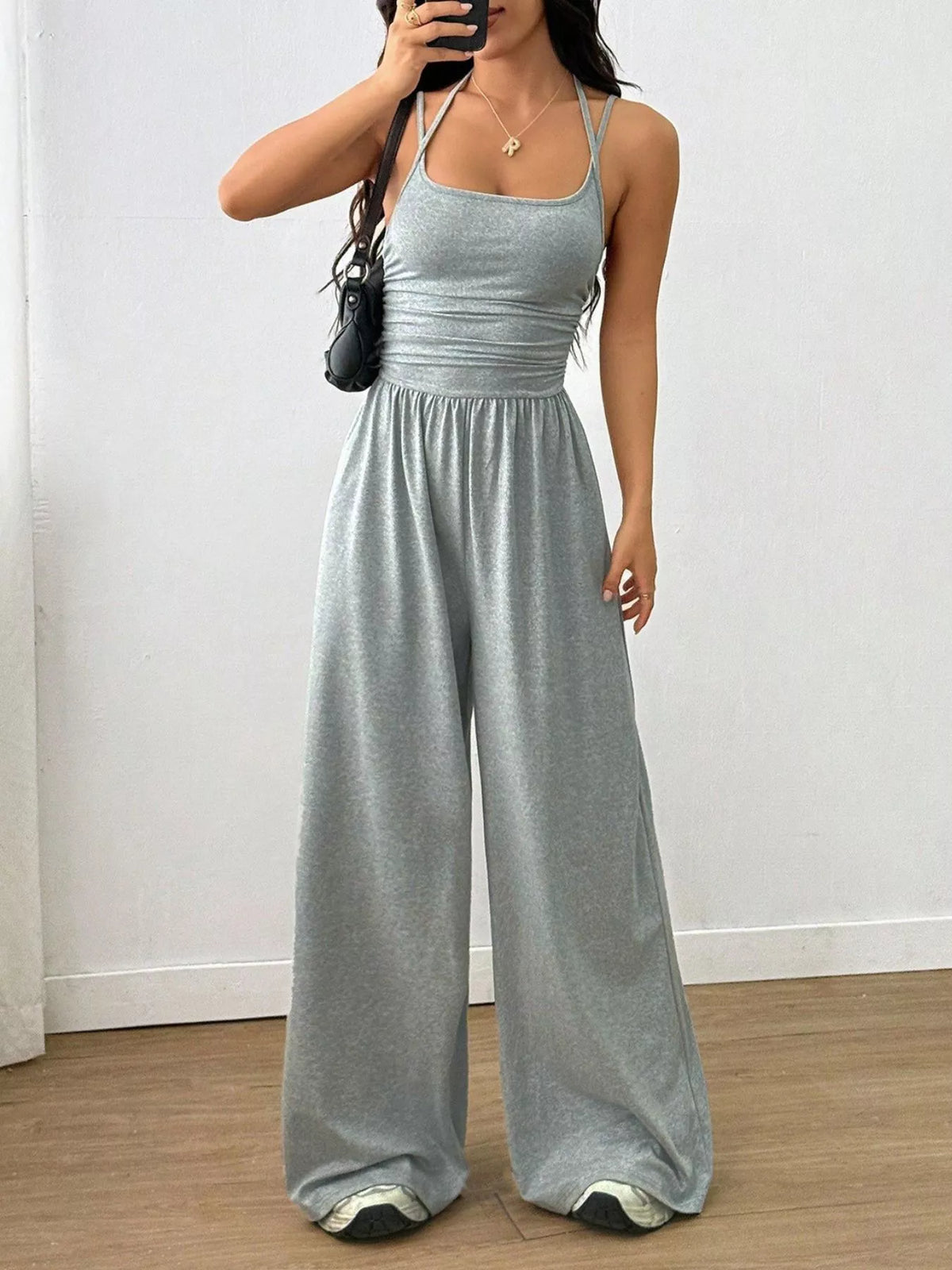 Apricot spaghetti strap jumpsuit front view