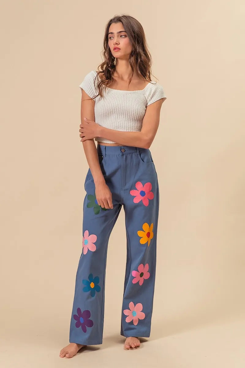 BiBi Flower Print Straight Legs Pants - Fashorio