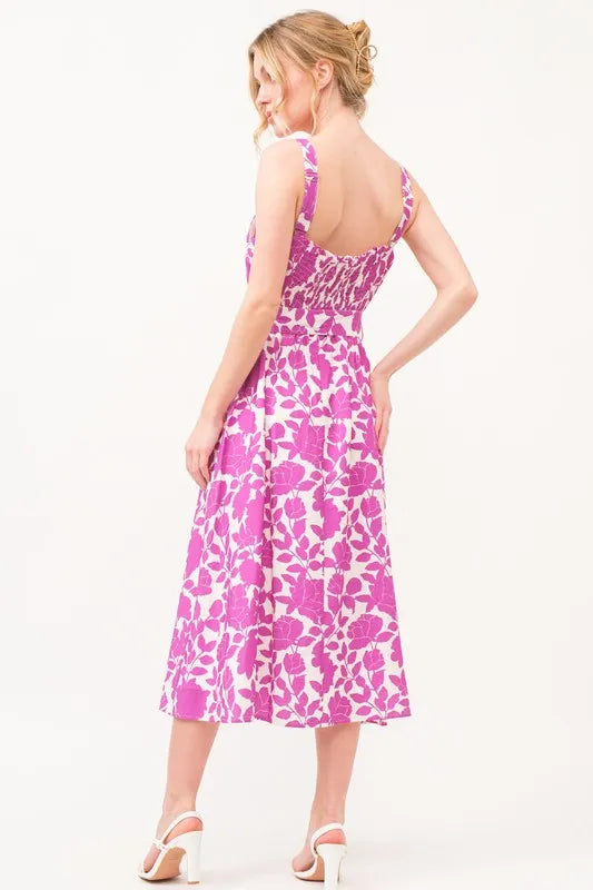 Floral Square Neck Belted Midi Dress in Magenta side view