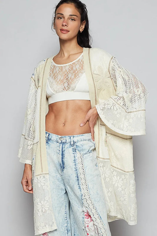 POL Double Gauze and Lace Mix Cardigan with Embroidered Detail Cream - Fashorio