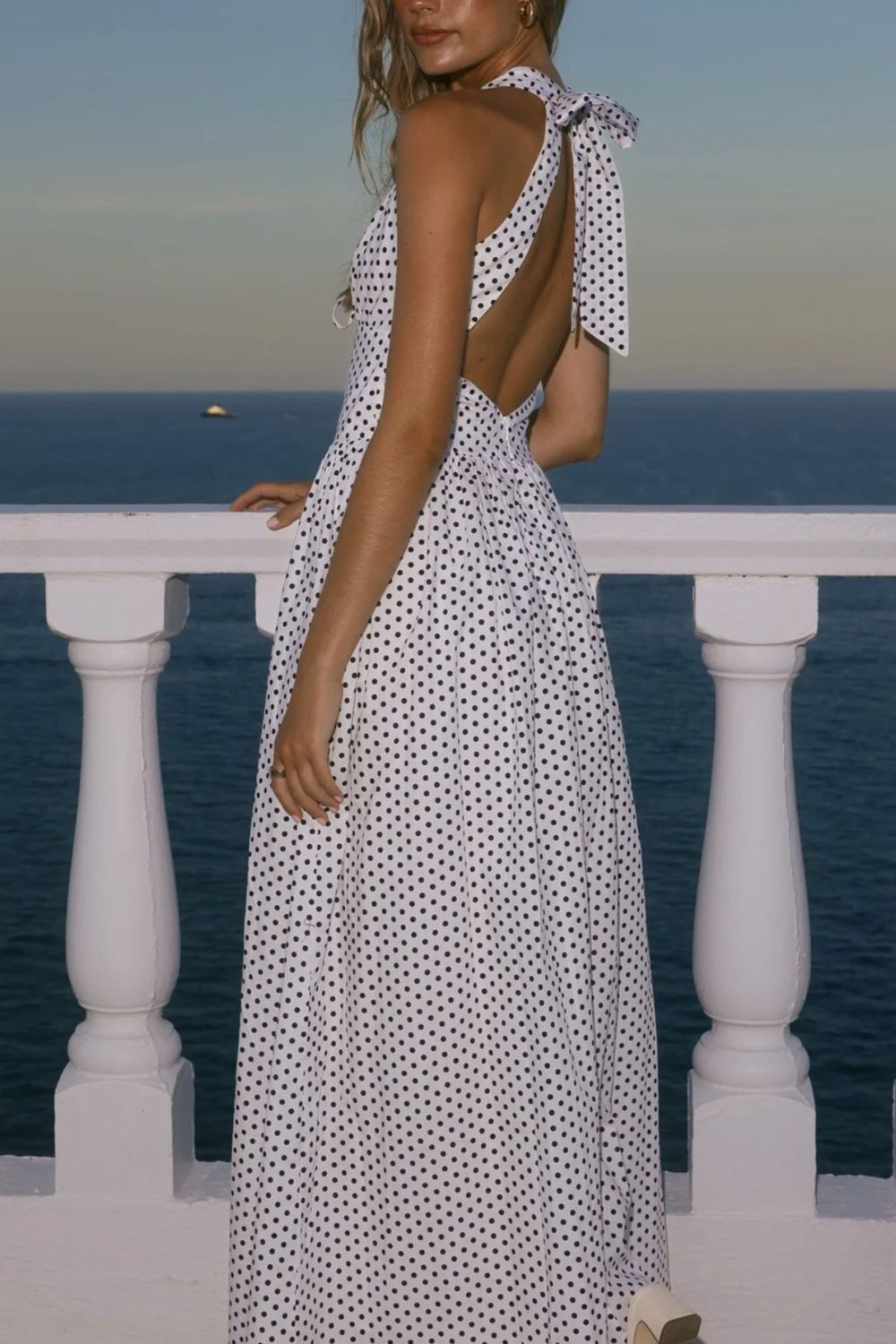 polka dot backless halter neck maxi dress fabric and print detail