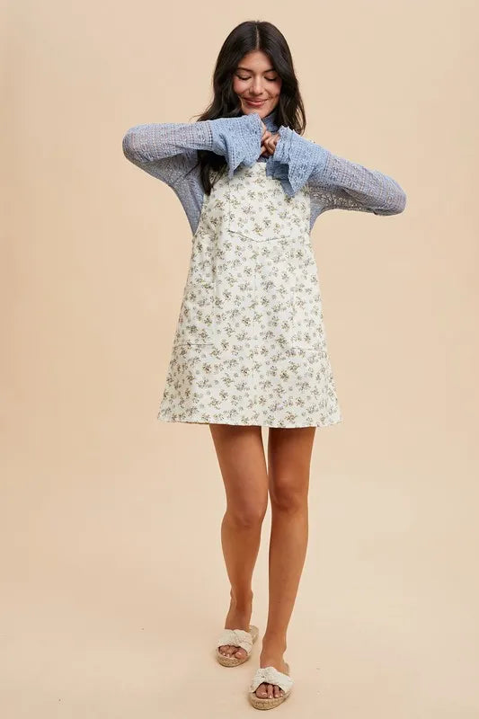 Annie Wear Stretch Ditsy Print Denim Overall Mini Dress - Fashorio