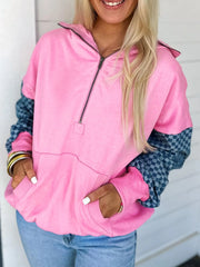 Half Zip Checkered Sleeve Hoodie Fuchsia Pink - Fashorio