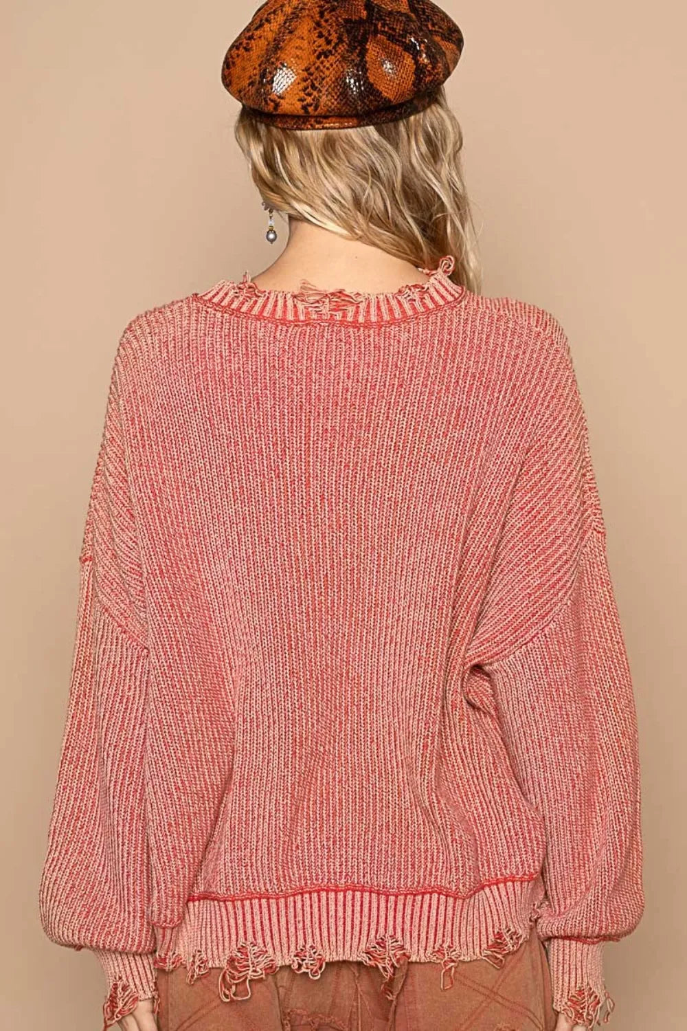 Distressed Washed Drop Shoulder Sweater in Red Brick back view