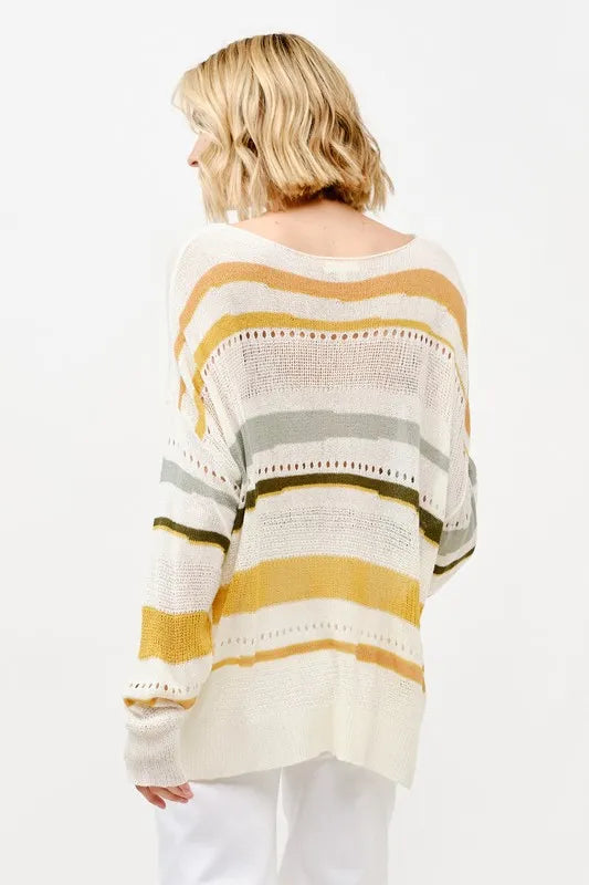 Abstract Stripe Lightweight Loose Sweater in Multi Color side view