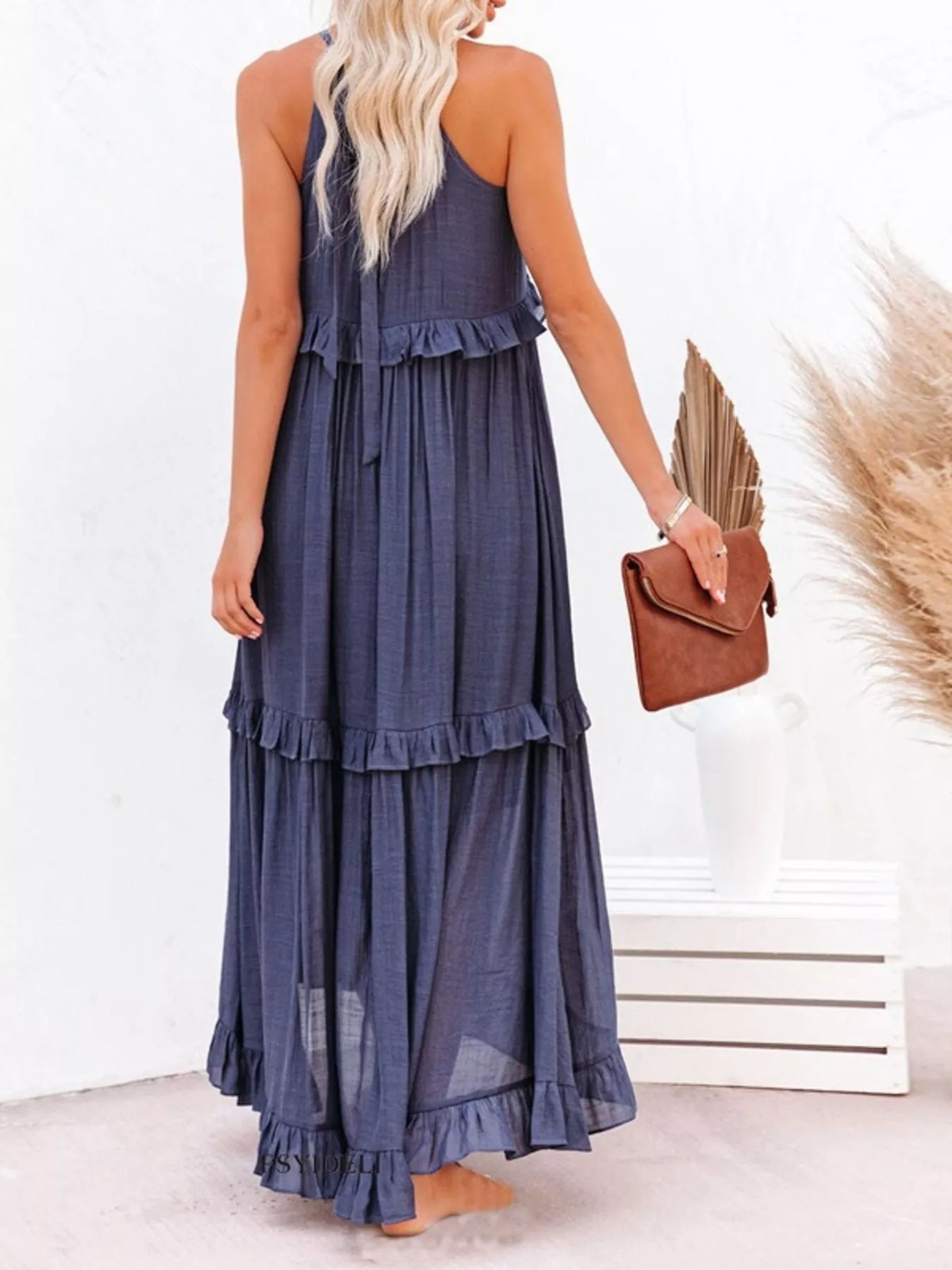 Ruffled tiered sleeveless maxi dress side view