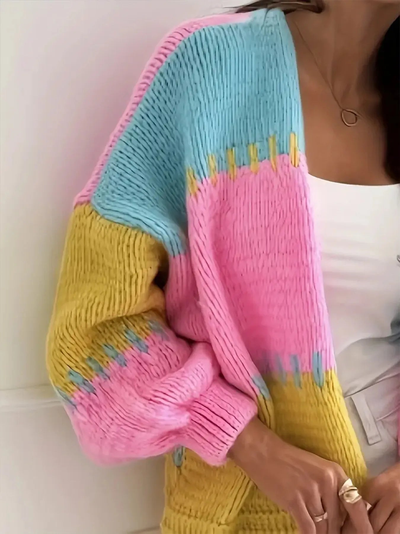 Color Block Drop Shoulder Cardigan - Fashorio