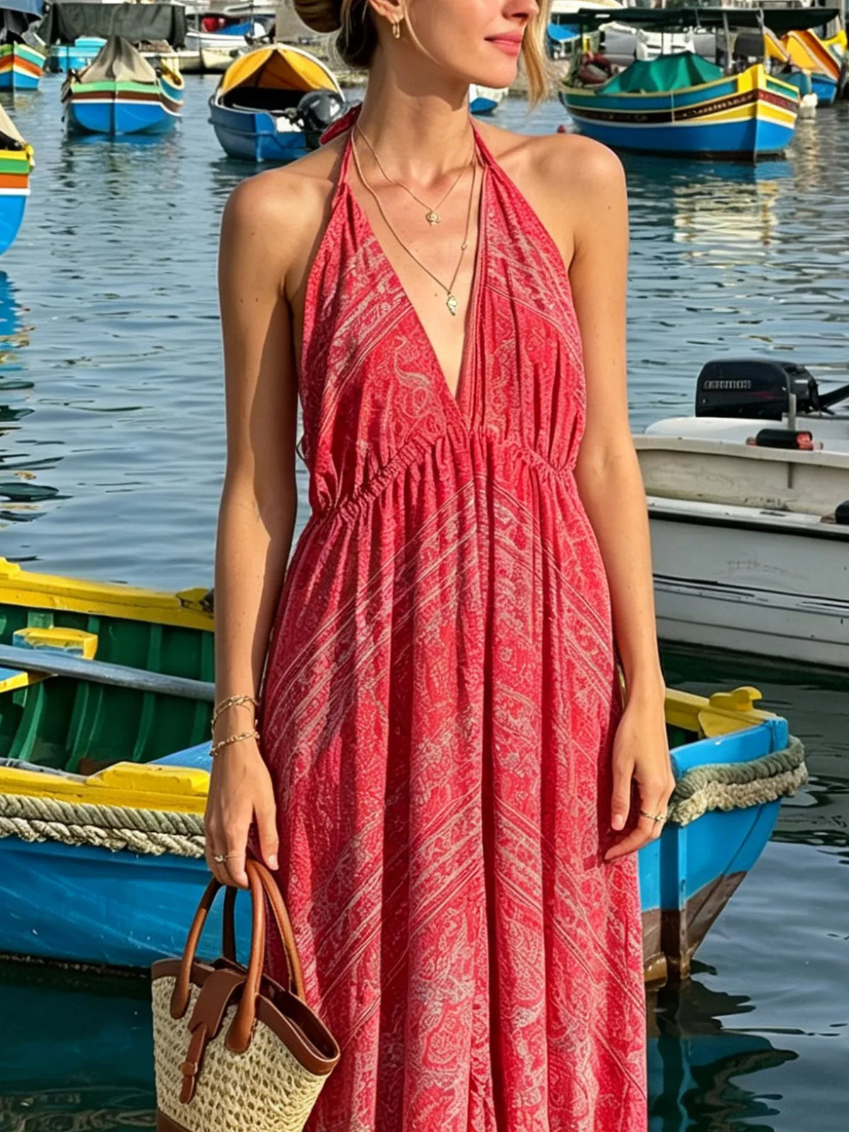Deep rose tiered halter maxi dress skirt detail
