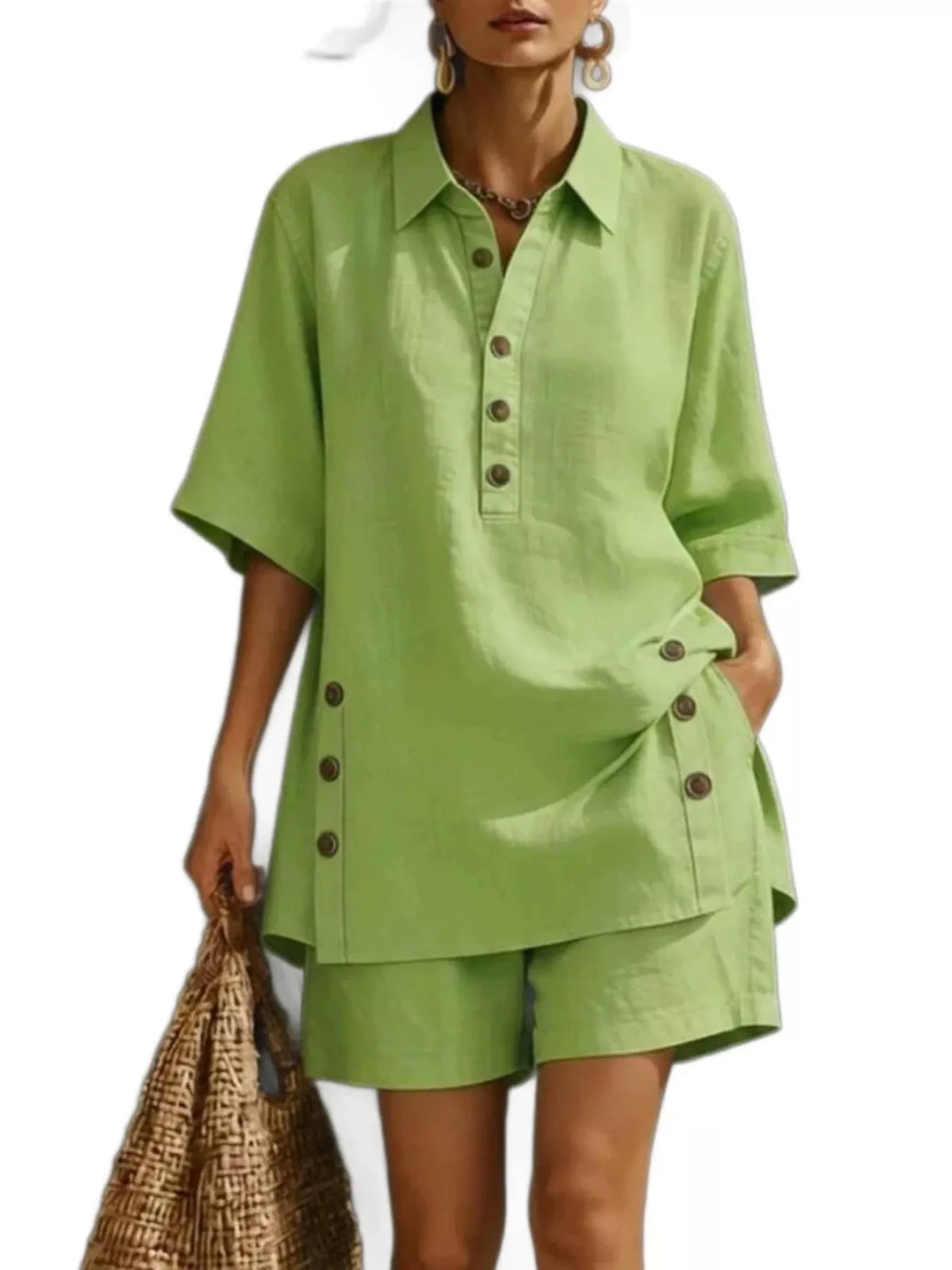 Linen shirt and shorts outfit full length