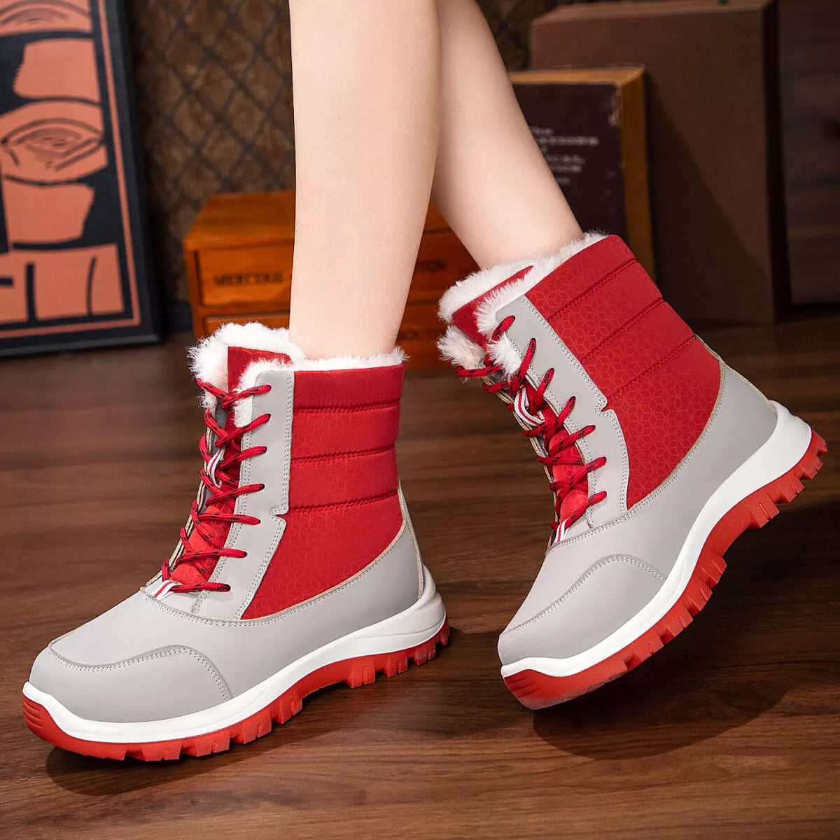 Winter fur lined snow boots styled with jeans