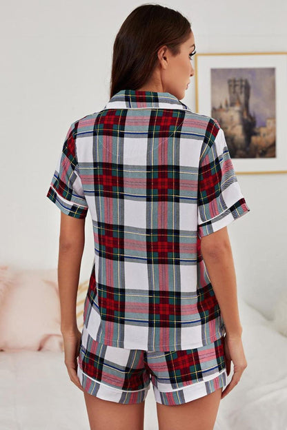 Collared Neck Short Sleeve Tied Two-Piece Lounge Set - Fashorio