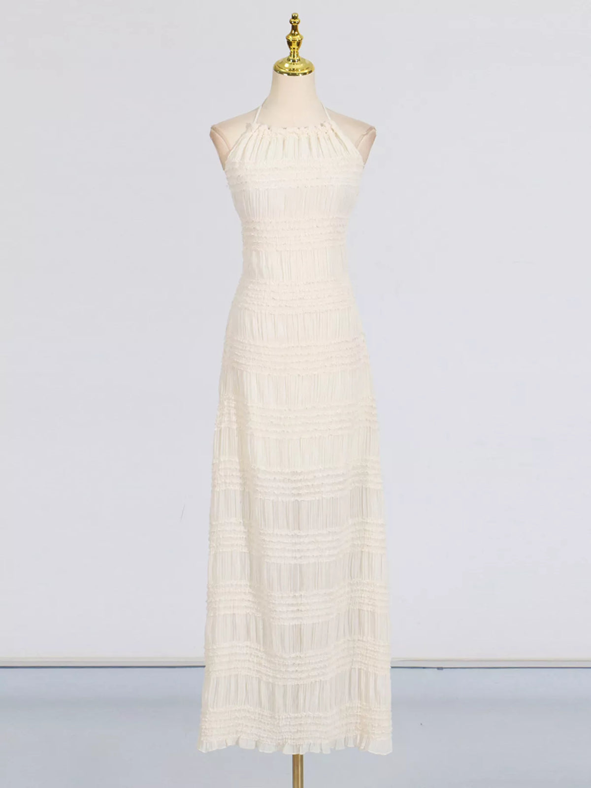 Ruched halter maxi dress side view