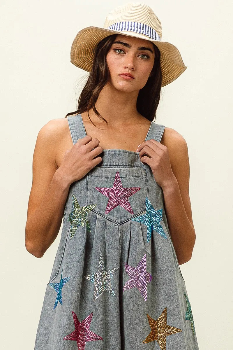 BiBi Star Rhinestone Washed Wide Leg Shortalls - Fashorio