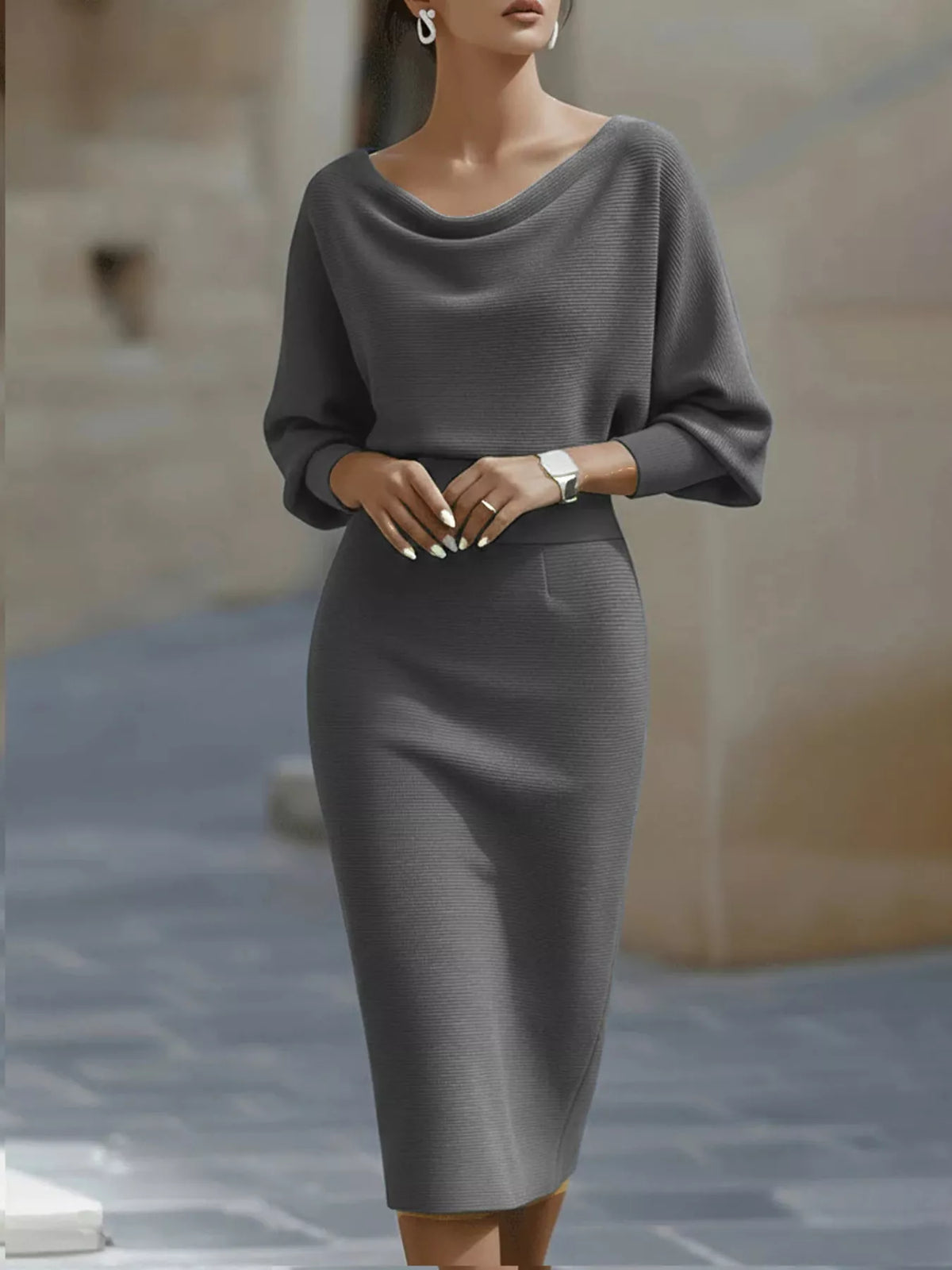 Cowl neck knit bodycon dress close up