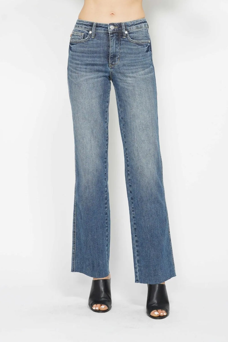 Medium wash tummy control straight jeans front view