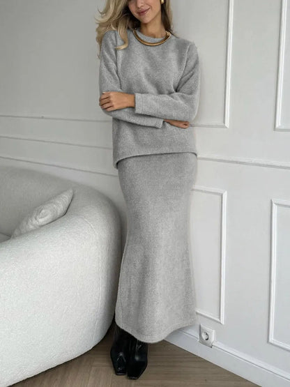 Round Neck Dropped Shoulder Top and Midi Skirt Sweater Set Gray One Size - Fashorio