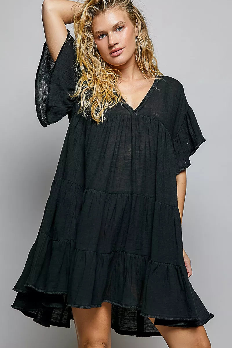 Black cotton dress with V neck and short sleeves
