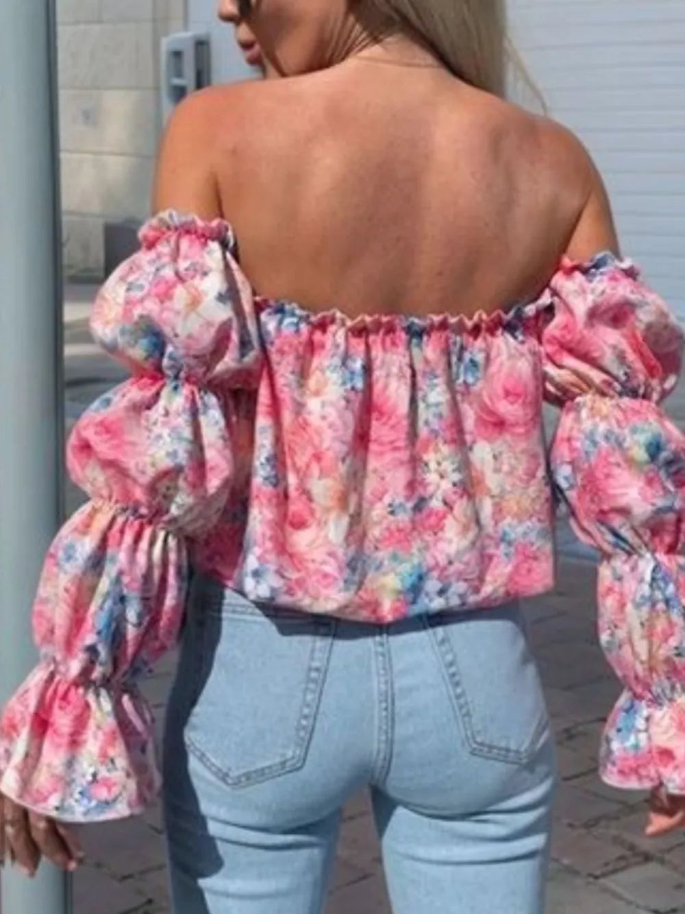 Printed off shoulder blouse side view