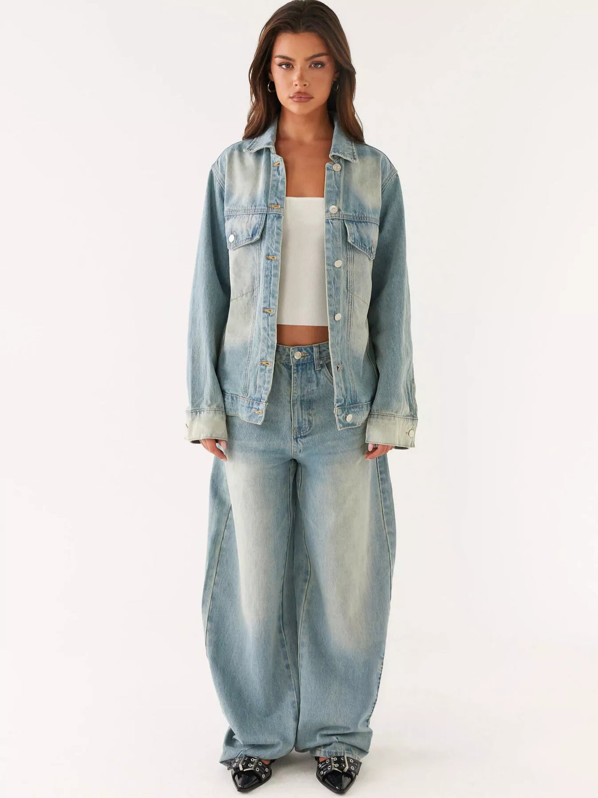 Trendy denim two piece set styling