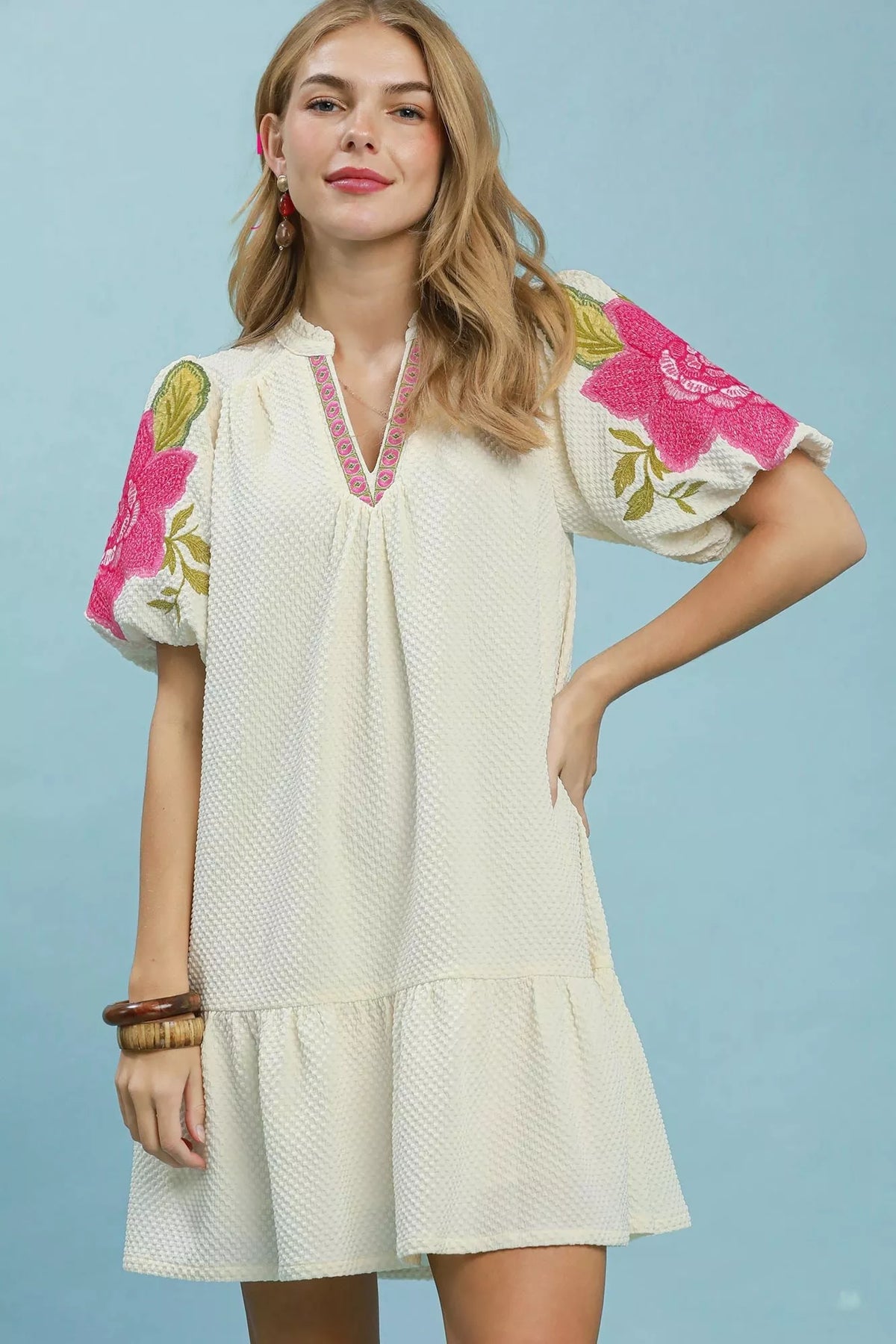 Cream floral embroidered jacquard mini dress with puff sleeves front view