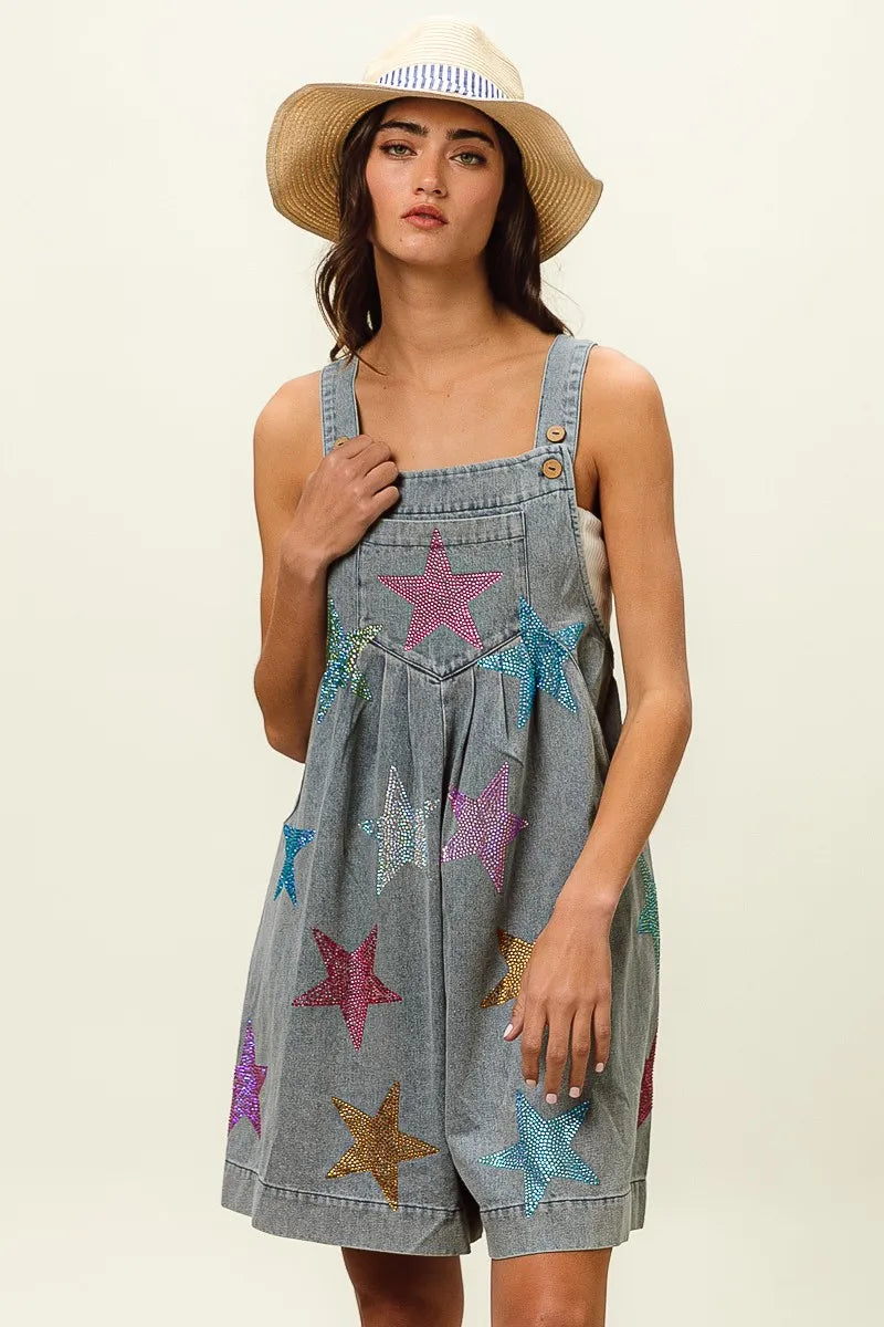 BiBi Star Rhinestone Washed Wide Leg Shortalls - Fashorio
