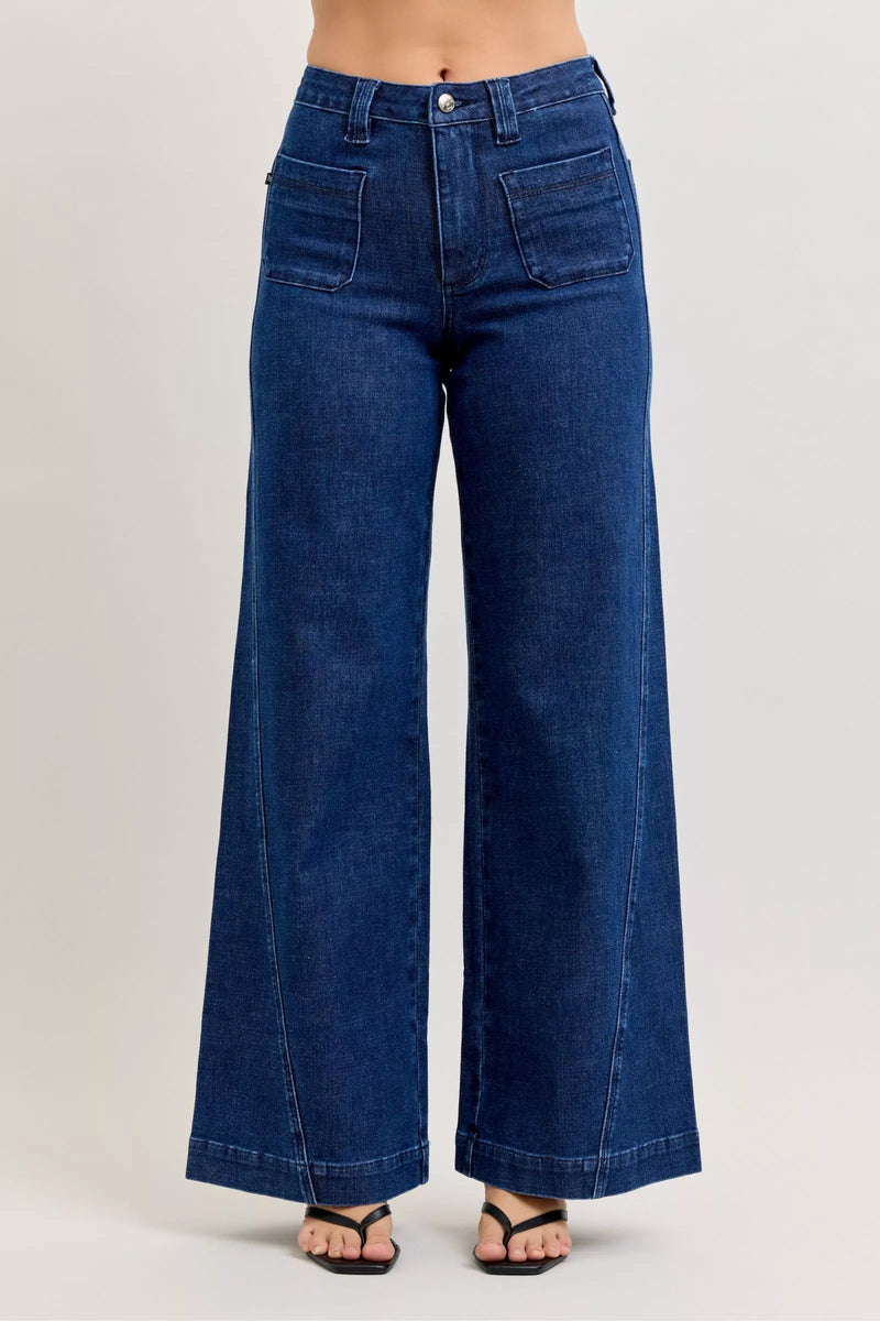 Judy Blue high waisted retro wide leg twisted seam jeans front view