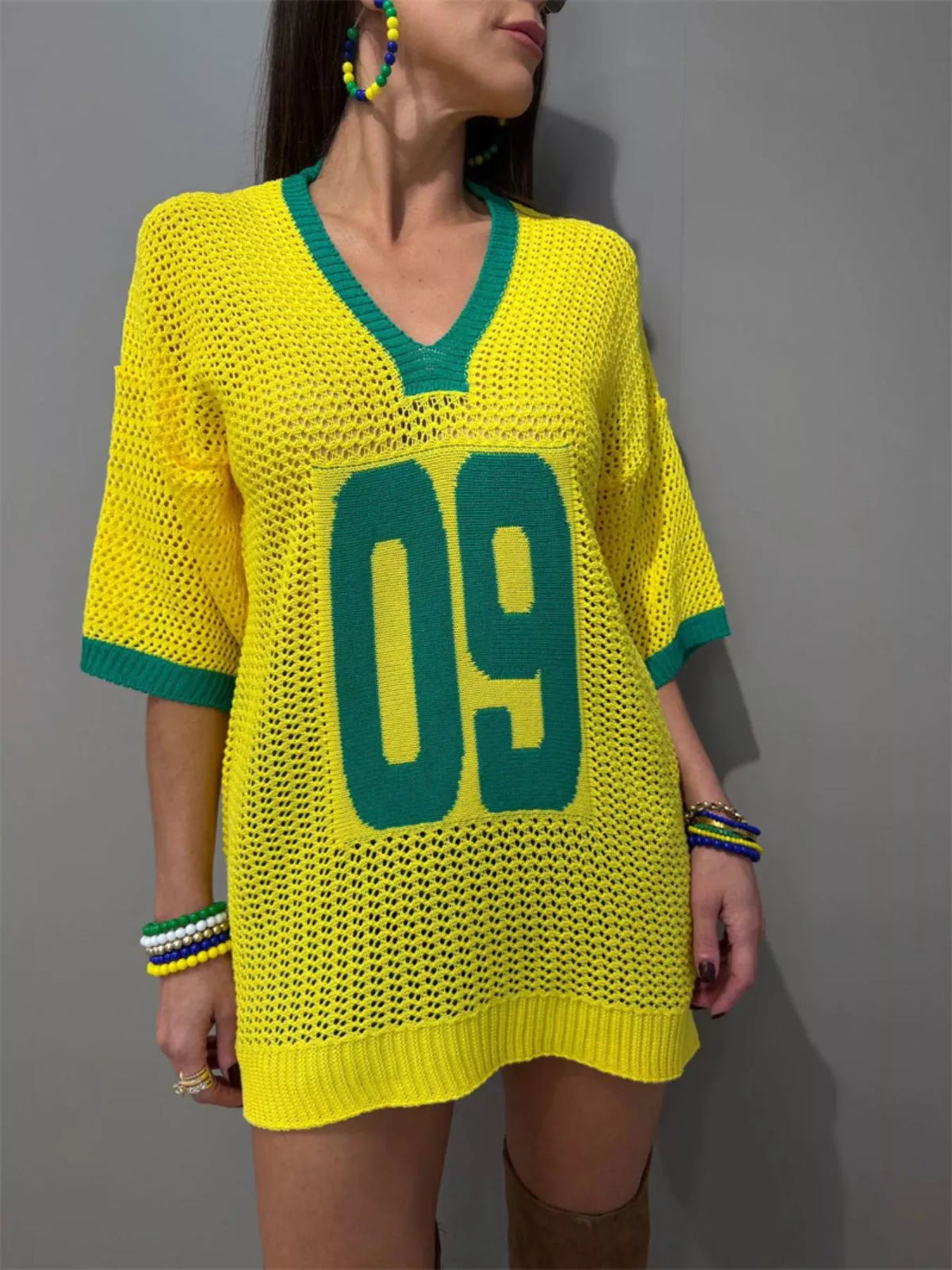 Yellow V-neck oversize sweater front view