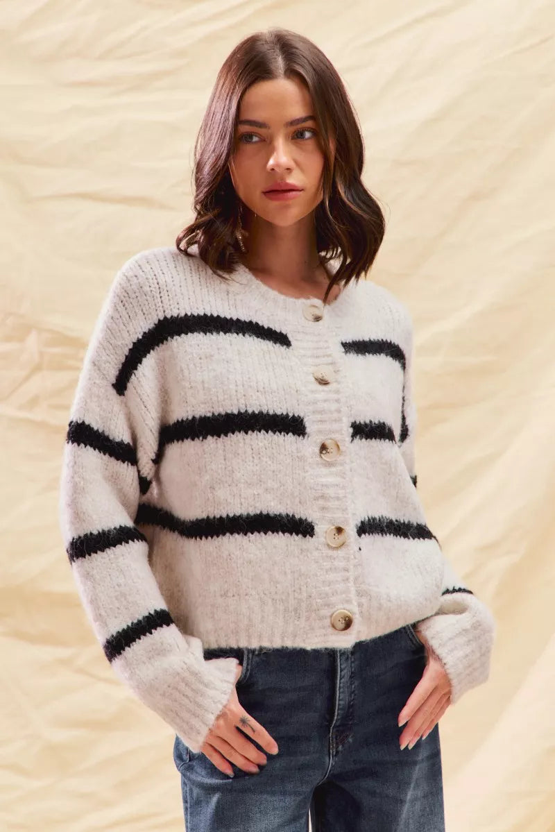 Striped Soft Touch Button Cardigan in Black