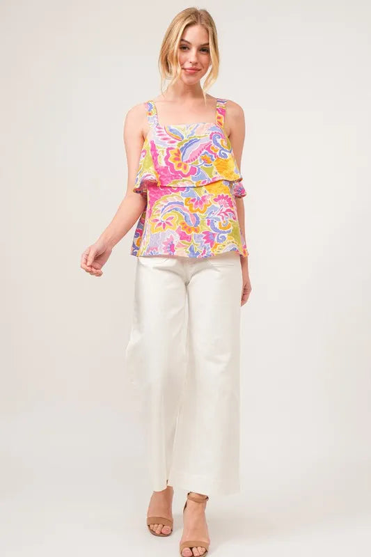 Paisley print square neck tiered top front view