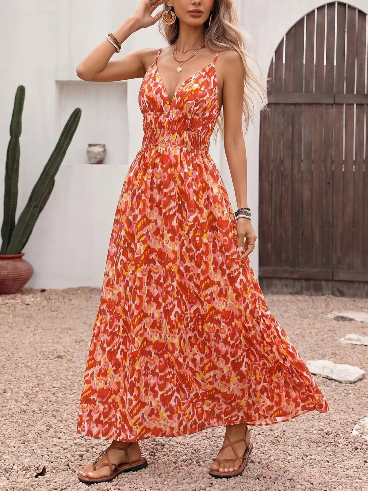 Orange printed maxi dress side view