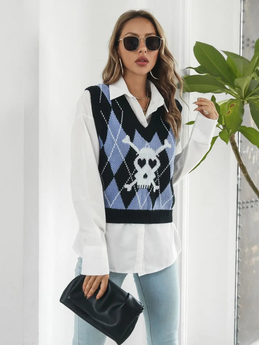 Skull Geometric V Neck Sweater Vest in Black detail