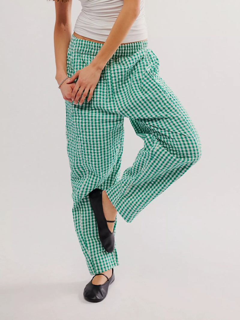 Green gingham relaxed fit pants front view
